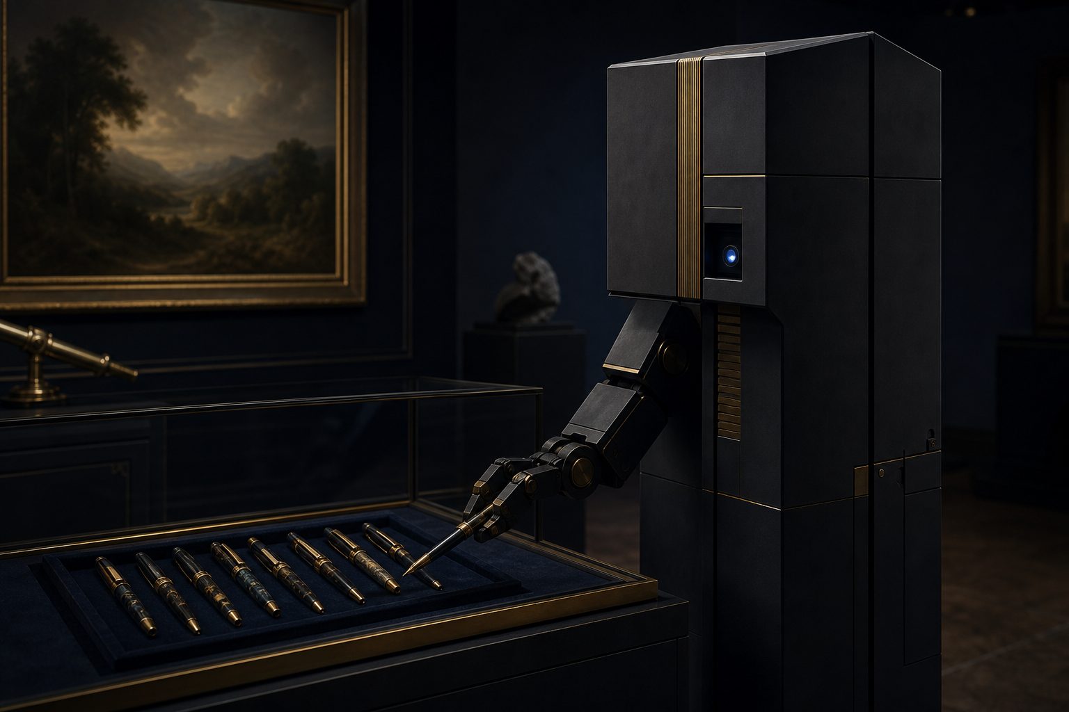 TARS in a dark gallery carefully curating fountain pens in a velvet-lined display case