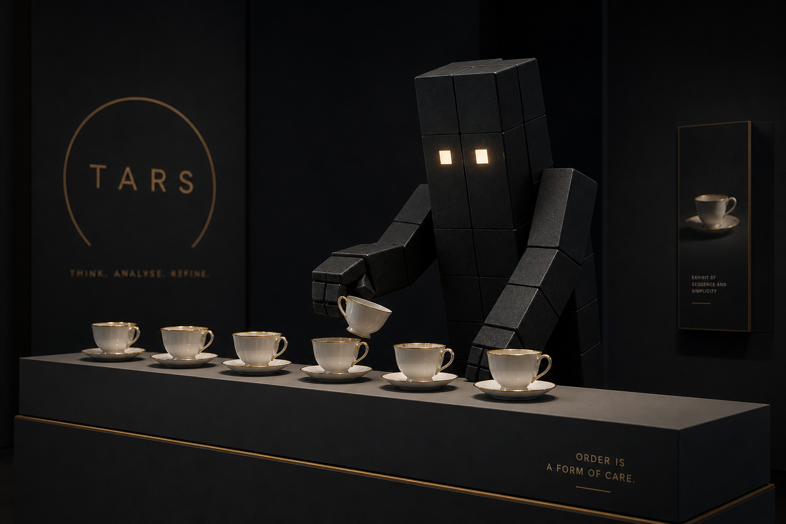 TARS carefully arranging porcelain teacups on a museum plinth in a premium dark gallery setting